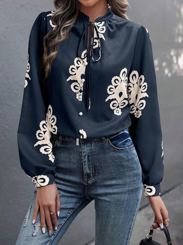 Euro-American Cross-border Stylish Printed Stand-up Collar Long Sleeve Lace-up Buttoned Women's Shirt for Spring and Summer