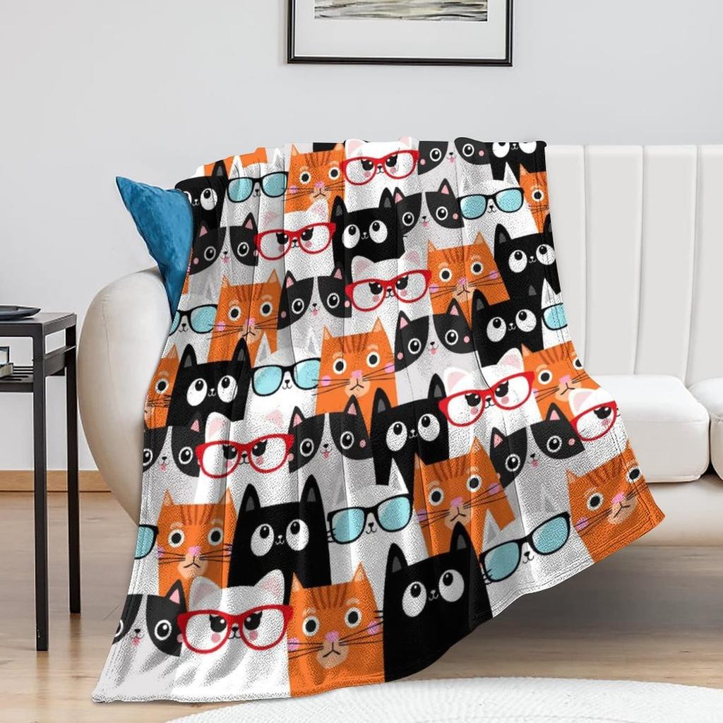 Cute Cat Flannel Blanket Multiple Sizes 2D Print Pink Face Kitty Design Soft Throw Sofa Bedroom Office Snuggle