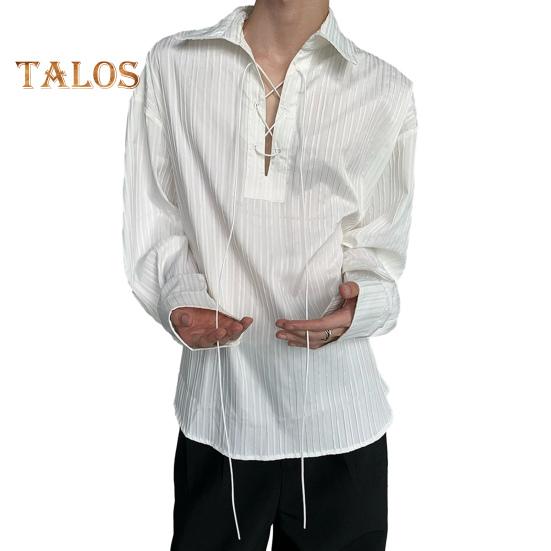 

Мужская рубашка белого цвета с длинным рукавом, лацканами, воротником на шнуровке, пуловер, вертикальные полосы, текстура, украшение, повседневная рубашка, рабочая одежда XXL белый