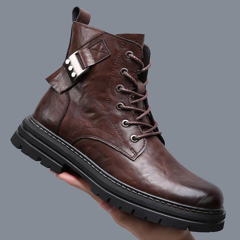 British Style Thick Soled Work Boots for Men Solid Color Fashion Casual Platform Shoes Male New Designer Cow Leather Boots Man