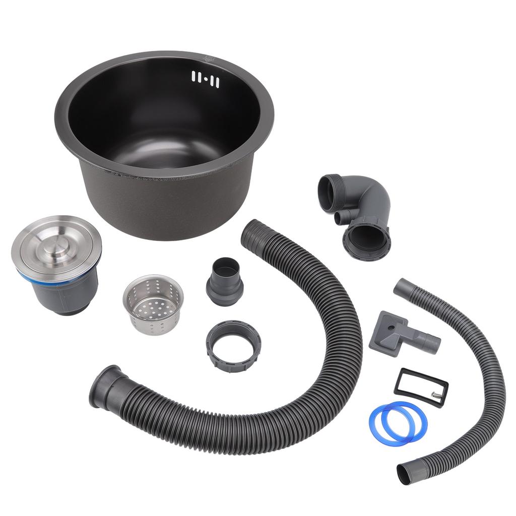 Mini Round Kitchen Sink Bar Stainless Steel Basin Single Bowl with Drain Accessories for Home Black