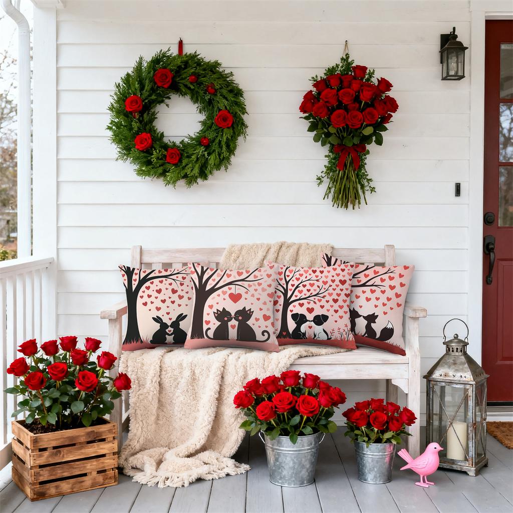 4pcs Valentine'S Day Throw Pillow Covers | Love Under Tree Animals Designs, Zip Closure, Polyester, Hand Wash Only, Suitable for Bedroom