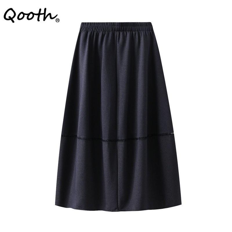 Qooth Denim Skirt with Pockets Mid Length Flare Skirt Slim Autumn Fall Casual Skirt QT2732