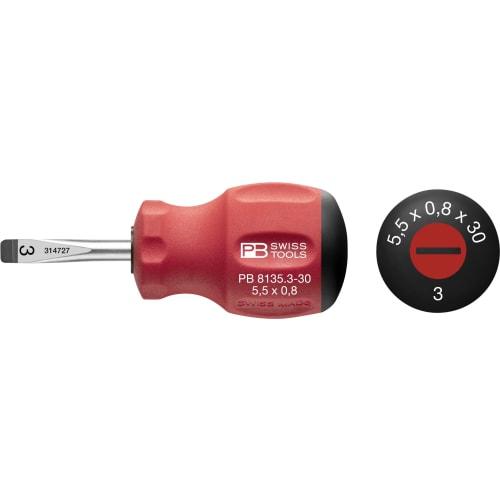 

PB Swiss Tools SwissGrip Stubby Flathead Screwdriver, 0.8mm Thick x 5.5mm Wide, 80mm Long, 8135.3-30