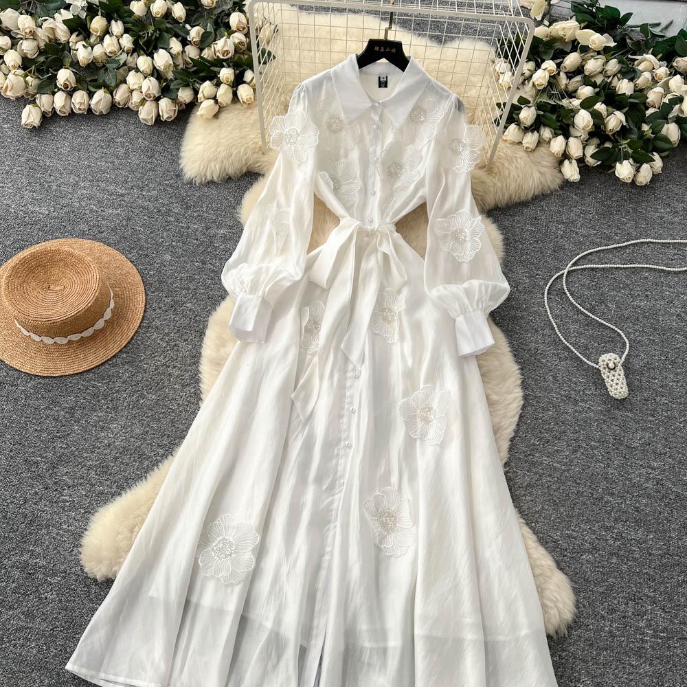 Chic Vintage Three-dimensional Single Breasted Slim Elegant Fairy Korean Fashion Boho Women Clothing Long Dress