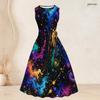 Women Plus Size Star Printed Two Piece Set Sleeveless Round Neck Tie Waist Flared Dress 3 4 Sleeve Open Cardigan