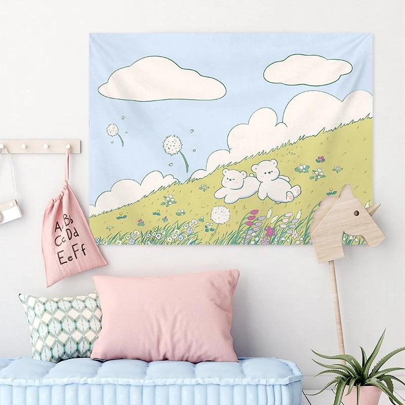 Cute Girly Heart Cartoon Bear Art Hanging Cloth Home Wall Decoration Tapestry Office Living Room Tapestry