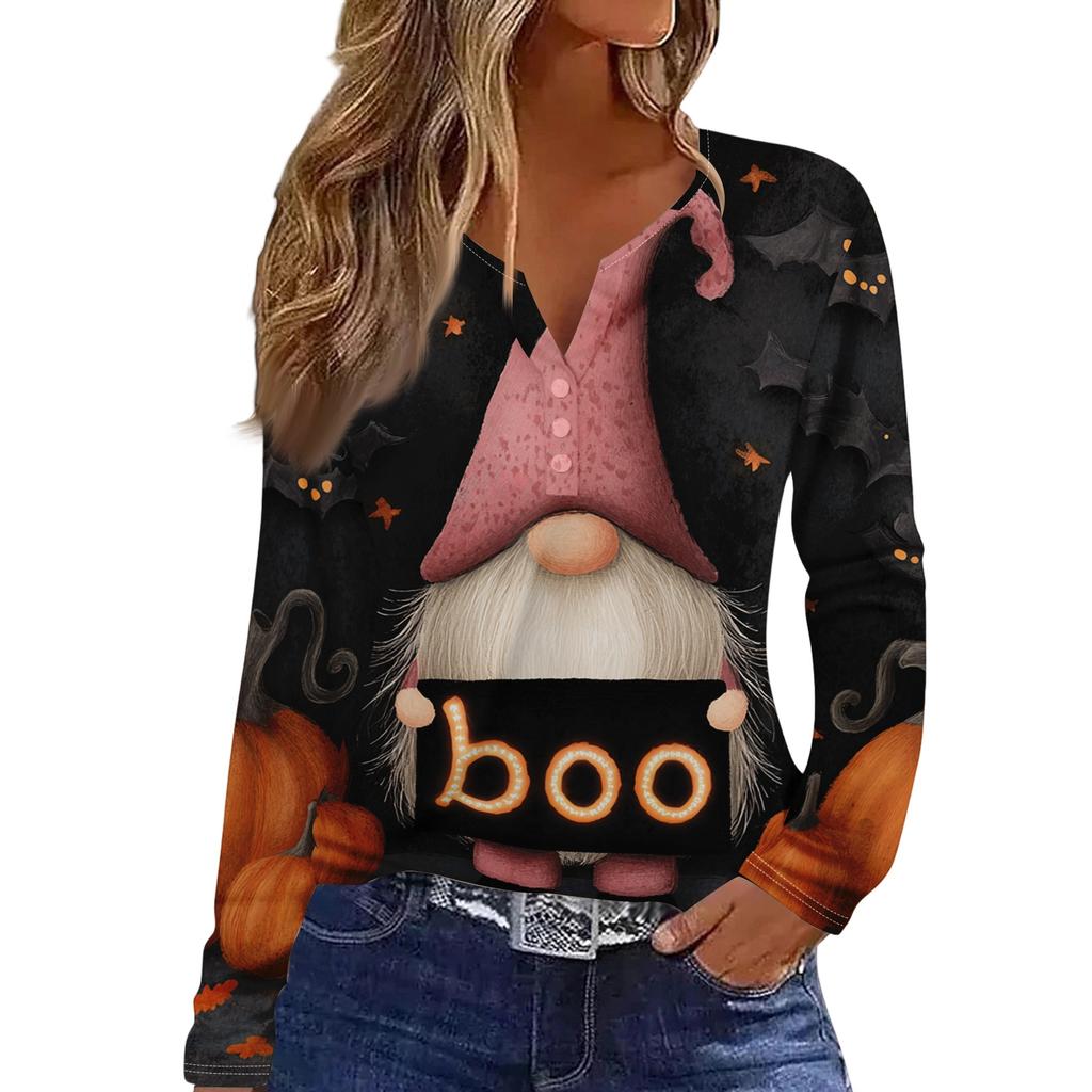 Women's Casual Long Sleeve V-Neck T-Shirt with Halloween Print and Button for Holiday Outfits