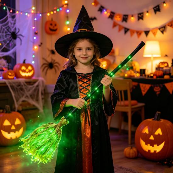 Accesorio de Disfraz de Halloween Escoba de Bruja con Luz LED Verde, Escobilla de Mago Brillante para Cosplay, Atrezo para Fiestas Temáticas, Decoraciones para Interiores y Exteriores