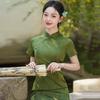 Green black national style Chinese long cheongsam improved young 1011 new women's retro short-sleeved catwalk summer