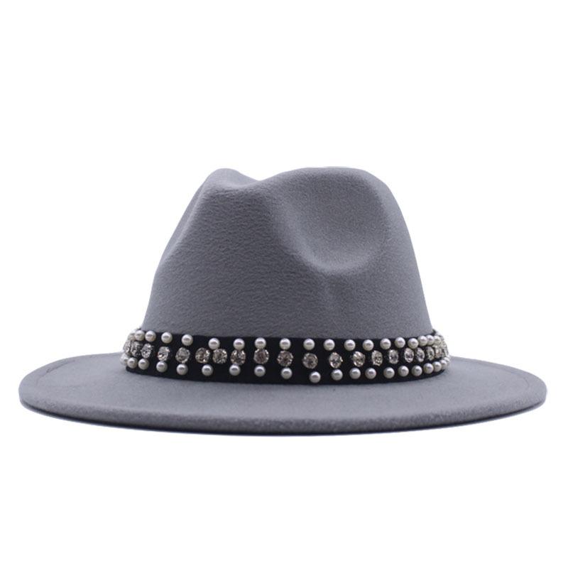 European and American Style Spring and Autumn Winter Imitation Felt Big Edge Hat British Retro Woolen Top Hat Women's Pearl Rhinestone Ribbon Jazz Hat