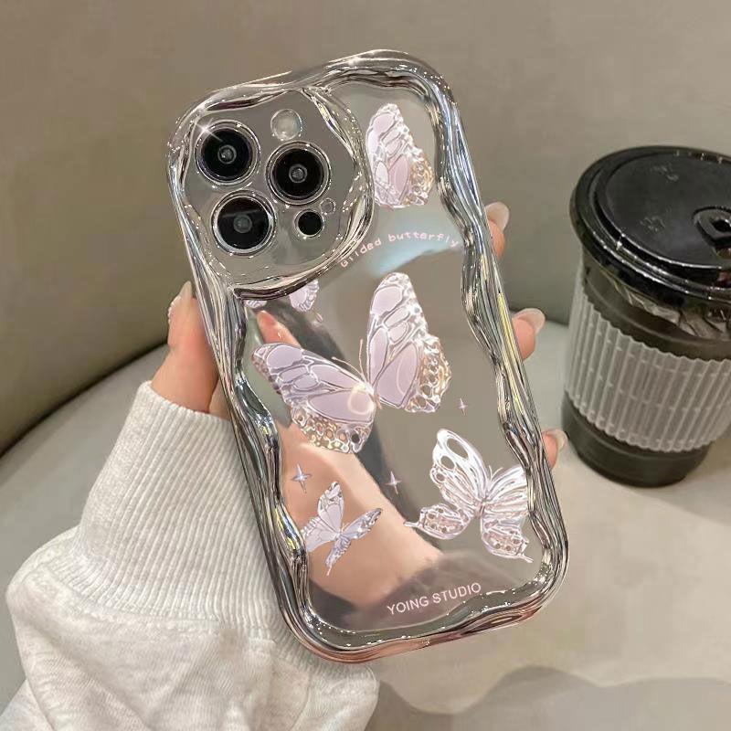 

Чехол-зеркало для макияжа с блестками и цветочным принтом в виде бабочек для iPhone 15 Pro Max 14 Pro 13 12 11, глянцевый мягкий противоударный чехол из ТПУ для защиты линз iPhone 15