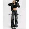 Spring and Summer New Women's Clothing Ins Casual All-Matching Fashion High Waist Loose Hole Wide Leg Mop Denim Pants
