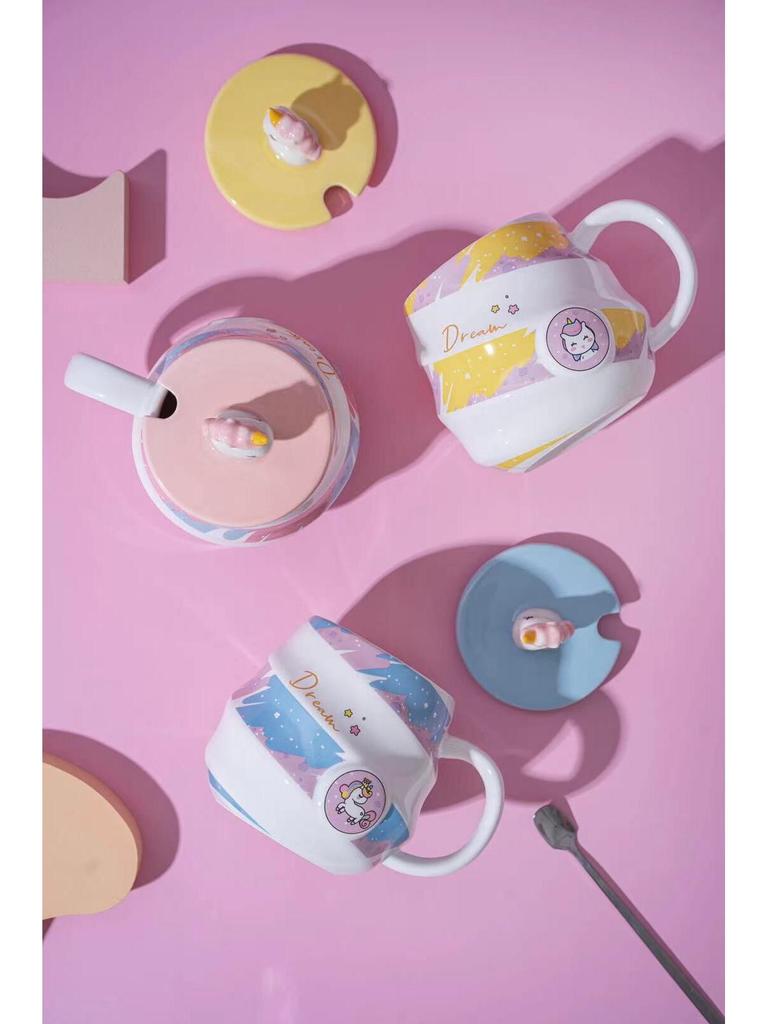 Einhorn Regenbogen Keramiktasse mit Deckel & Löffel - Niedliche Trinktasse für Mädchen