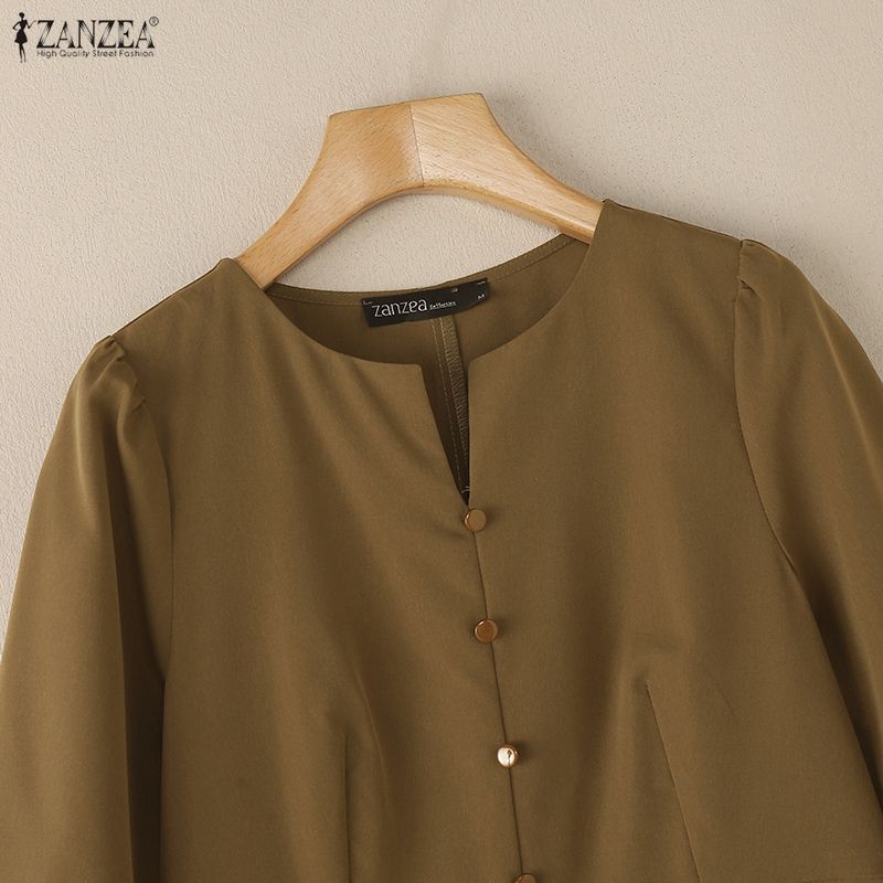 ZANZEA Women Casual V-Neck 3/4 Sleeve Loose Retro Dress