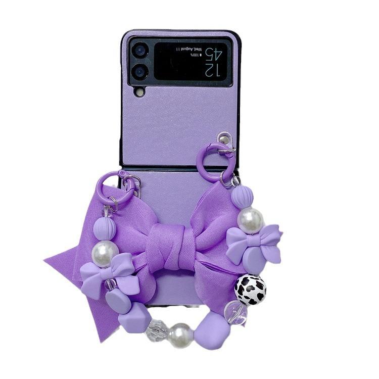 Applicable To Samsung ZFlip5 Mobile Phone Case Folding Screen Solid Color Leather Case Zflip4 Butterfly Portable Chain Back Cover Protective Case