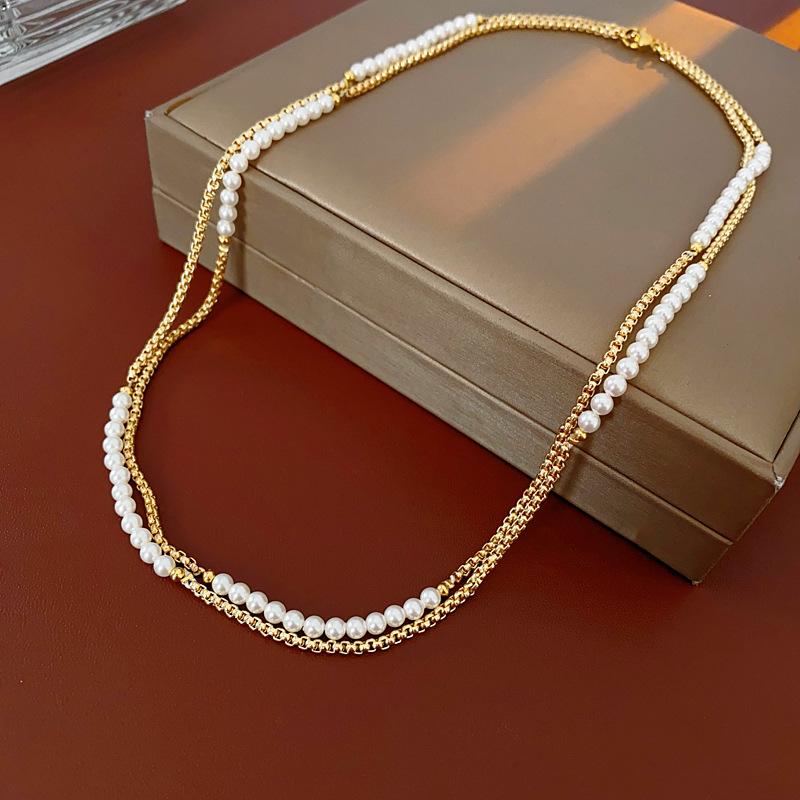 Vintage imitation pearl beaded double stacked collarbone necklace French niche neck necklace