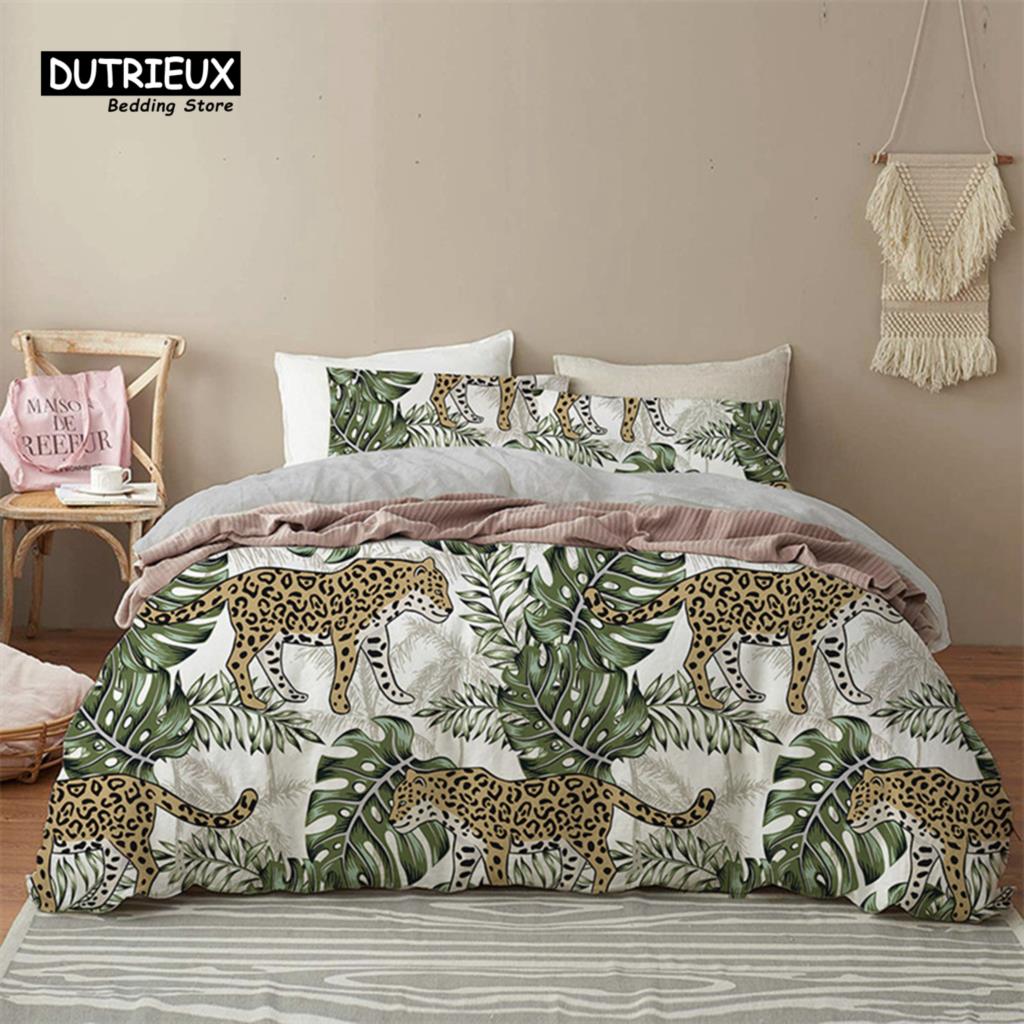 Comforter Green Palm Leaf Floral Bedding Set Tropical Leaves Flowers Animals Microfiber Comforter For Adults Kids Decor