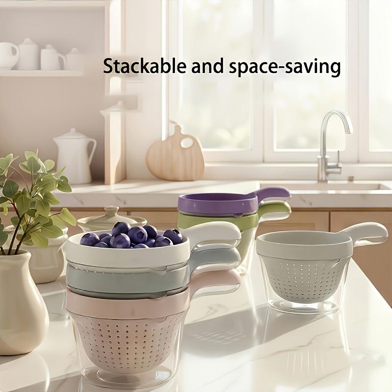 1pc Handheld Kitchen Colander, Double-Layer Fruit Washing Basket, Hanging Plastic Vegetable Washing Bowl, Colander Spoon, Creative Fruit Basket