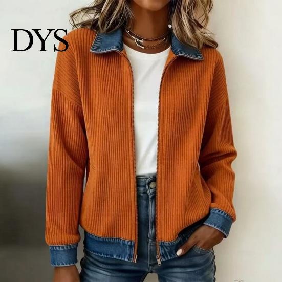 Spliced Denim Coat Damska Kurtka Zapinana na Zamek Sztruksowa, Długi Rękaw Casualowy Płaszcz, Kontrastowy Kolor Ubrania Kurtka Jesień Zima z Kołnierzem Klapowym Luźna