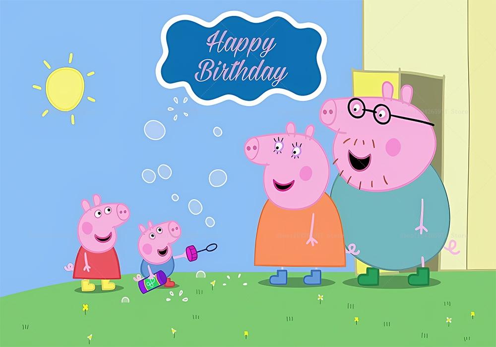 Colorful Peppa Pig Cartoon Happy Birthday Backdrop Pink Pig Family Kids Photo Background Banner Baby Shower Party Decor Props