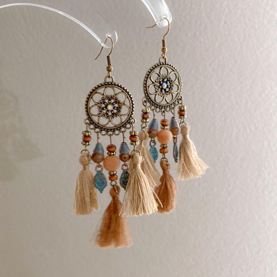 Bohemian Feather Seed Bead Tassel Earrings - Retro Ethnic Dangle Jewelry