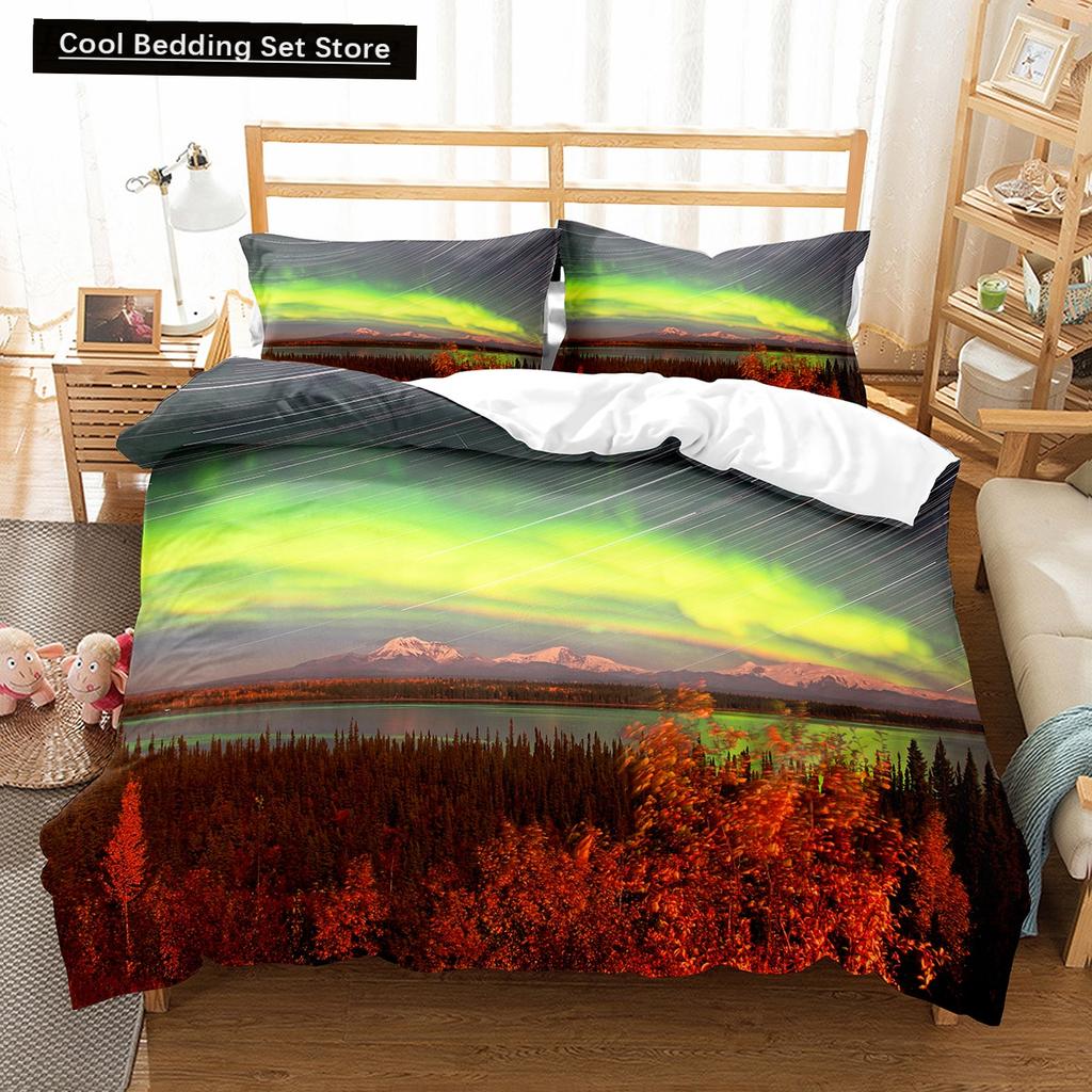 Nordlichter King Queen Bettbezug Naturlandschaft Bettwäscheset Bunter Himmelsausblick Steppdeckenbezug Polyester Bettdeckenbezug