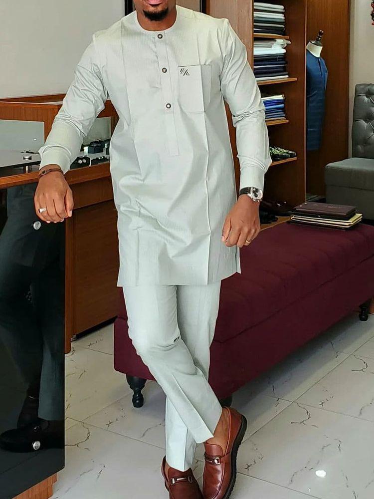 Men's 2-Piece Wedding Suit: Solid Color, Round Neck, Long Sleeve, African Ethnic Style