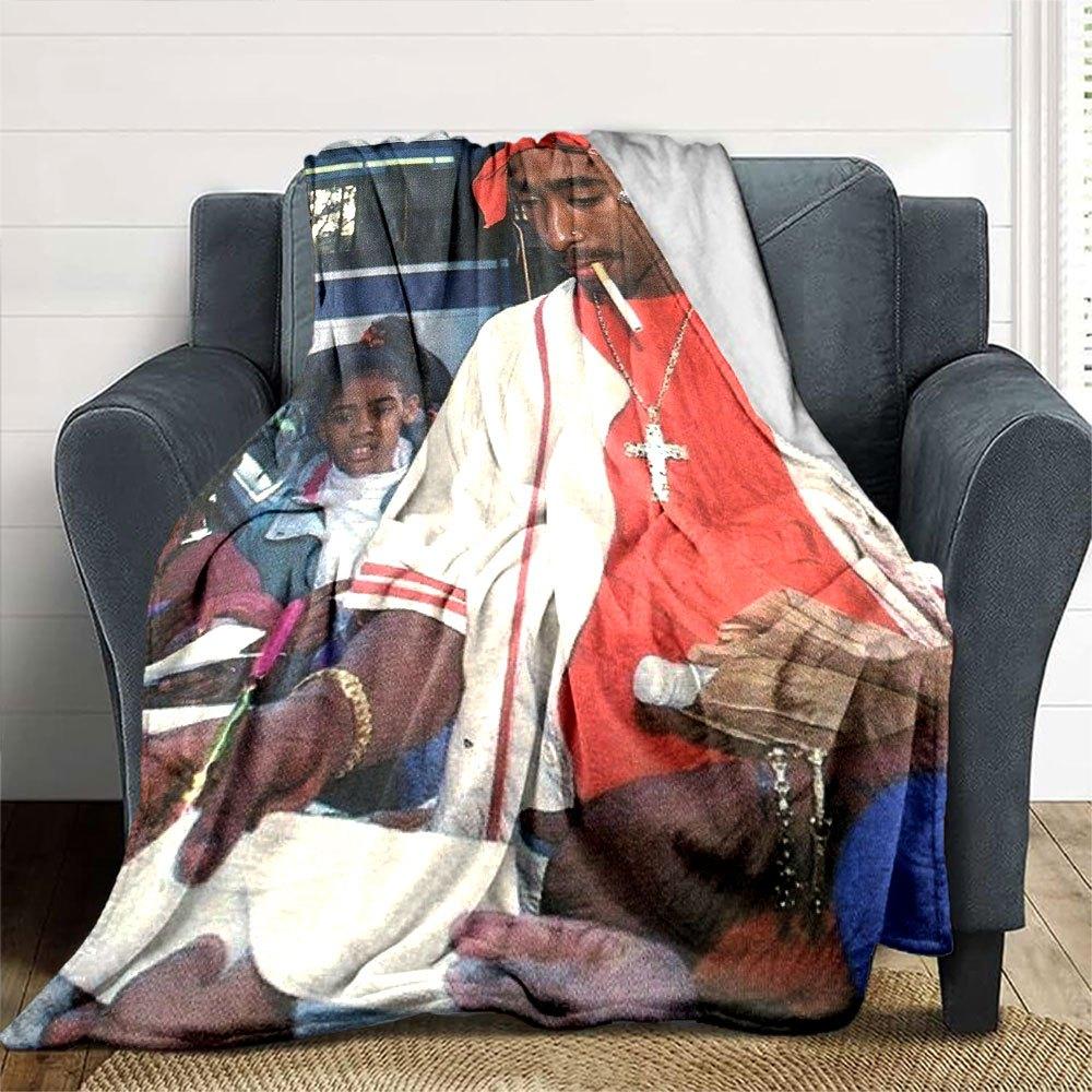 1pc 2PacHip Hop Blanket Soft Lightweight All Season Multi Purpose Throw for Sofa, Bed, Office & Picnics, French Style with Iconic Album Art & Quotes