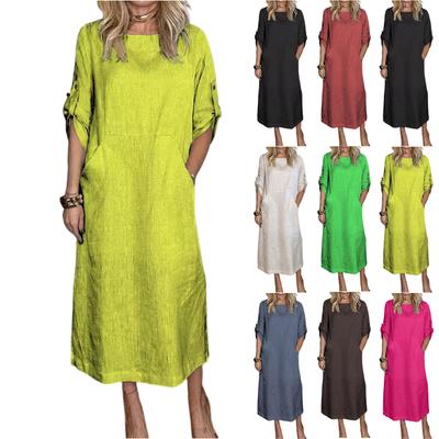 Women's Fashionable Color Round Neck Loose Casual Short Sleeved Pocket Cotton And Linen Dress