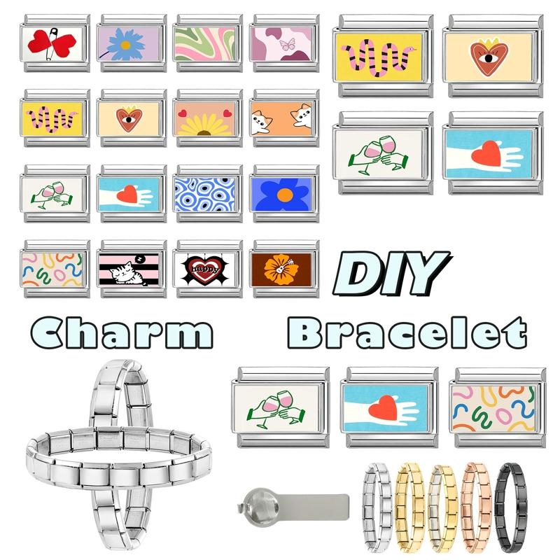 Wholesale Sunflower Rainbow Butterfly Cat Heart Eyes Italian Charm Links Fit 9MM Stainless Steel Bracelet Women DIY Making Gift