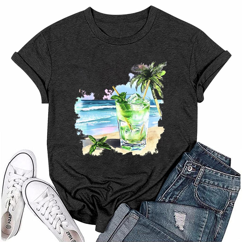 Women Fashion Printed Round Neck Short Sleeve T-Shirt Pullover Top