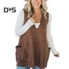Women Sweater V-neck Sleeveless Solid Color Knitting Vest with Pockets Ribbed Trim Loose Fit Mid-length Casual Knitwear