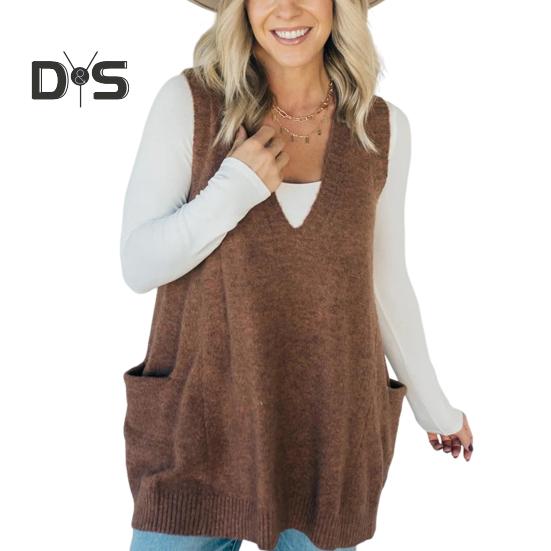 Women Sweater V-neck Sleeveless Solid Color Knitting Vest with Pockets Ribbed Trim Loose Fit Mid-length Casual Knitwear