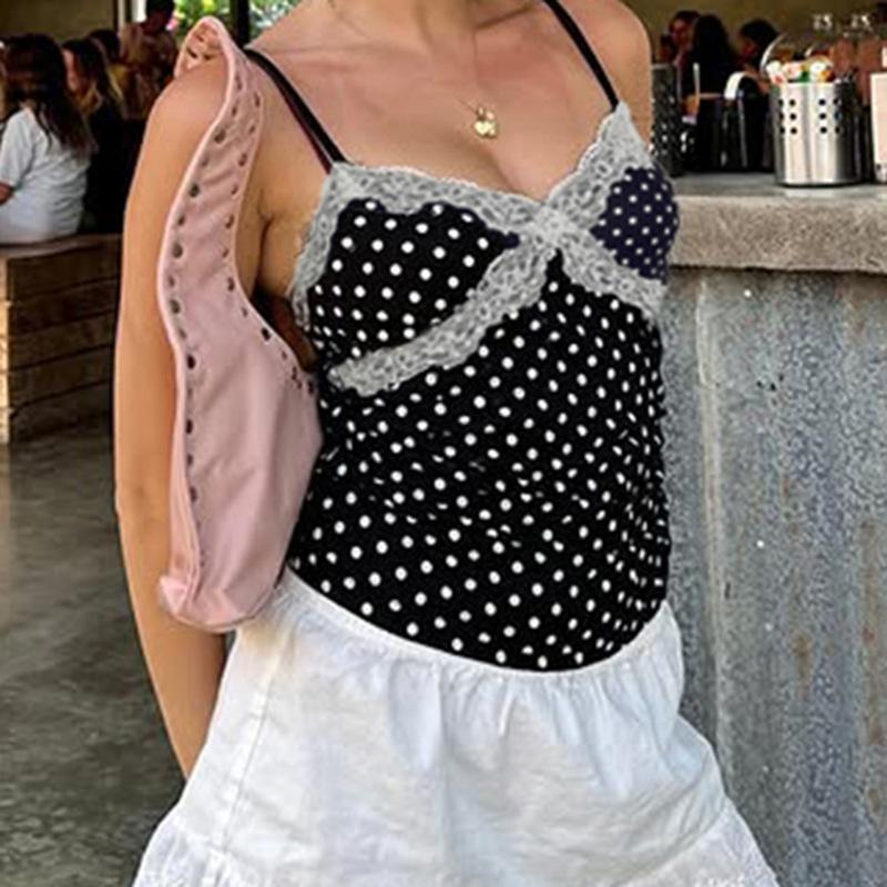 Women's Lace Patchwork Bow Polka Dot Halter Spice Girl Color Contrast Sexy V Neck Waist Vest Top
