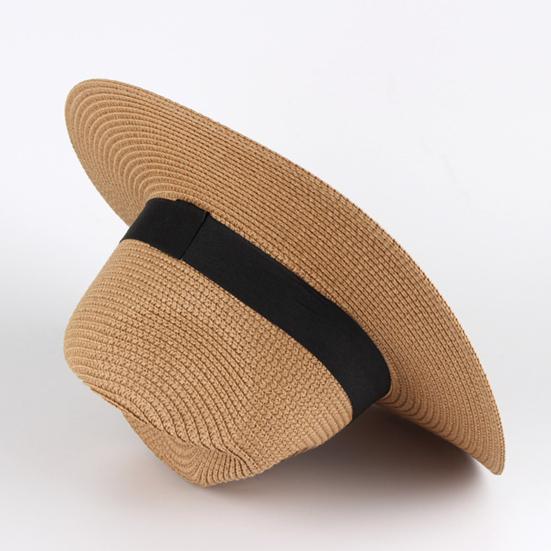 Straw Hat High-Density Natural Straw Fabric Lightweight Breathable Sun Protection Wide Brim Flat Top Summer Hat