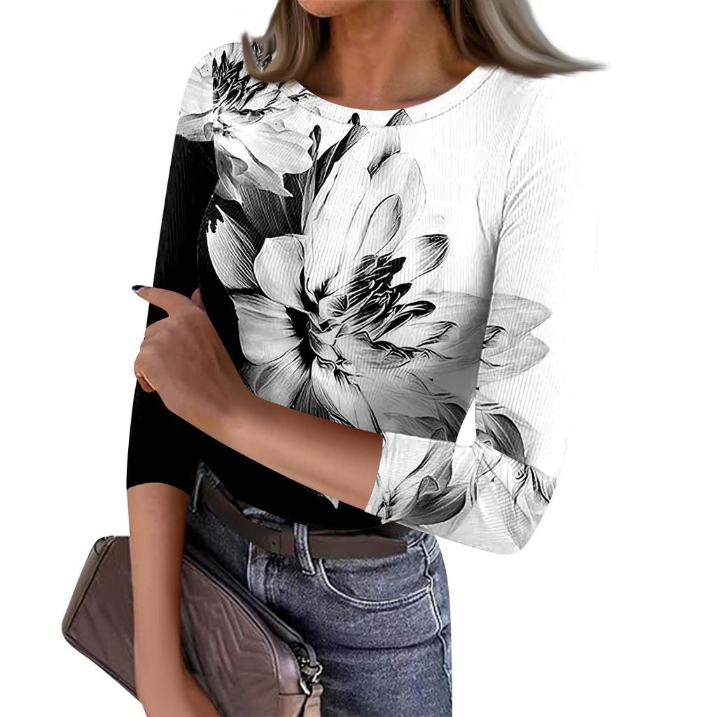 Women's Slim Bottom T-shirt Fashion Casual  Printed Round Neck Pullover Seven Sleeve Top