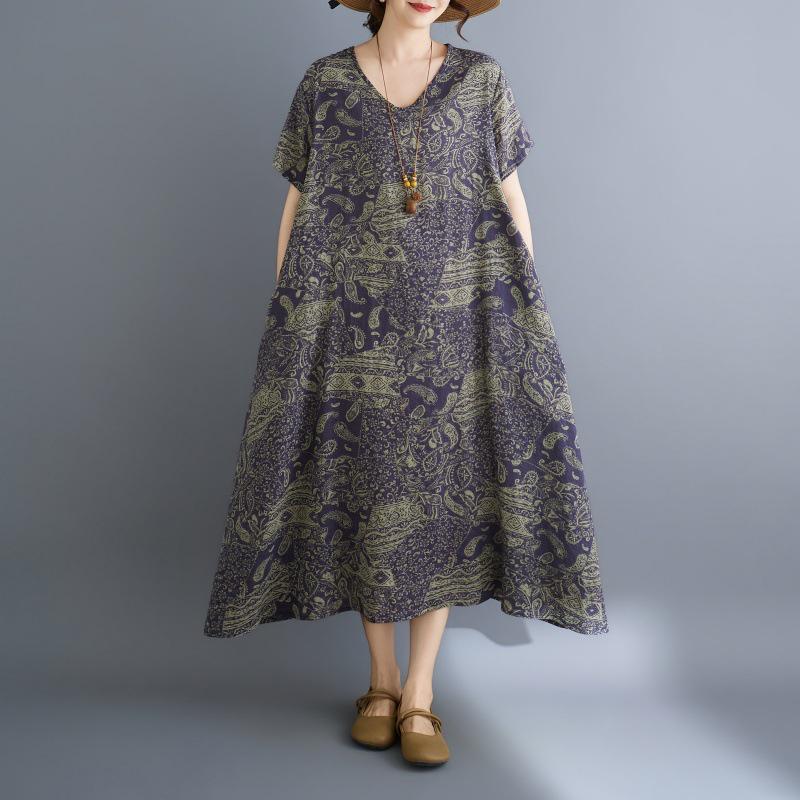 Summer Retro Print V-Neck Irregular Long Cotton Linen Dress Plus Size One Size