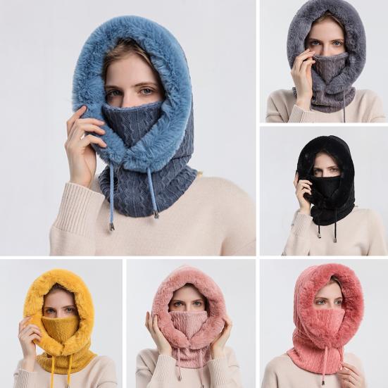 Fleecegefütterte Strickmütze Einfarbig Plüschbesatz Verstellbarer Kordelzug 3-in-1 Mütze Gesichtsschutz Schal-Set Winddicht Ski Snowboard Kaltwetterausrüstung