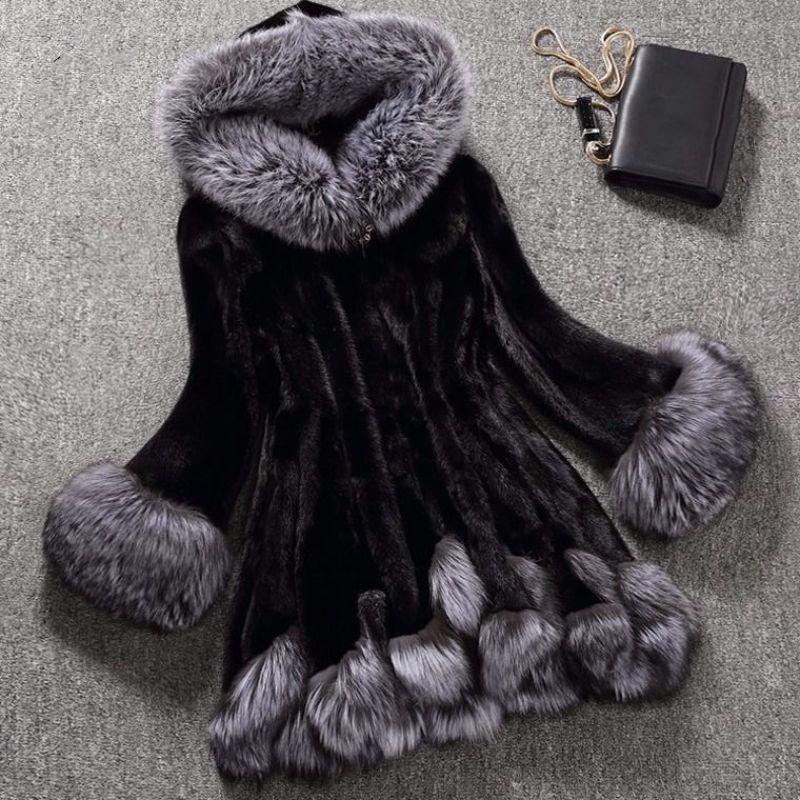 Aux Fur Coat Women Autumn and Winter Mink Coat Fox Fur Collar Hooded Jacket Plus Size 6XL Top Fur Female Christmas Clothes
