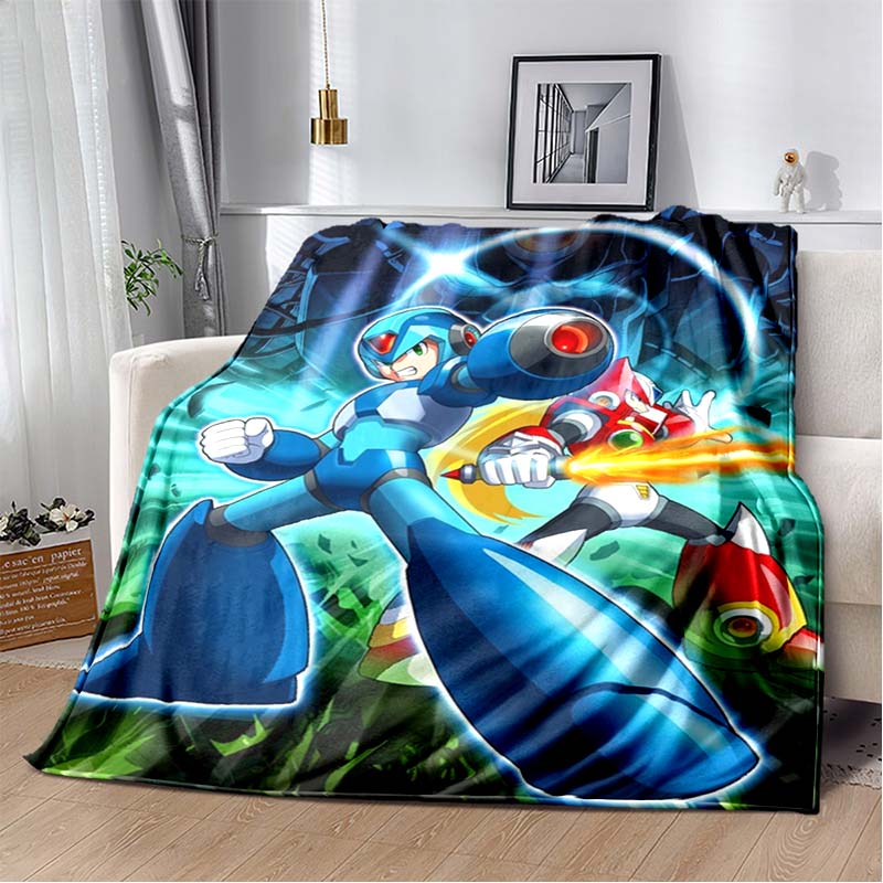 Mega Man Anime Print Flannel Throw Blanket Soft Warm Bed Cover for Kids Bedroom Sofa Home Decor Gift