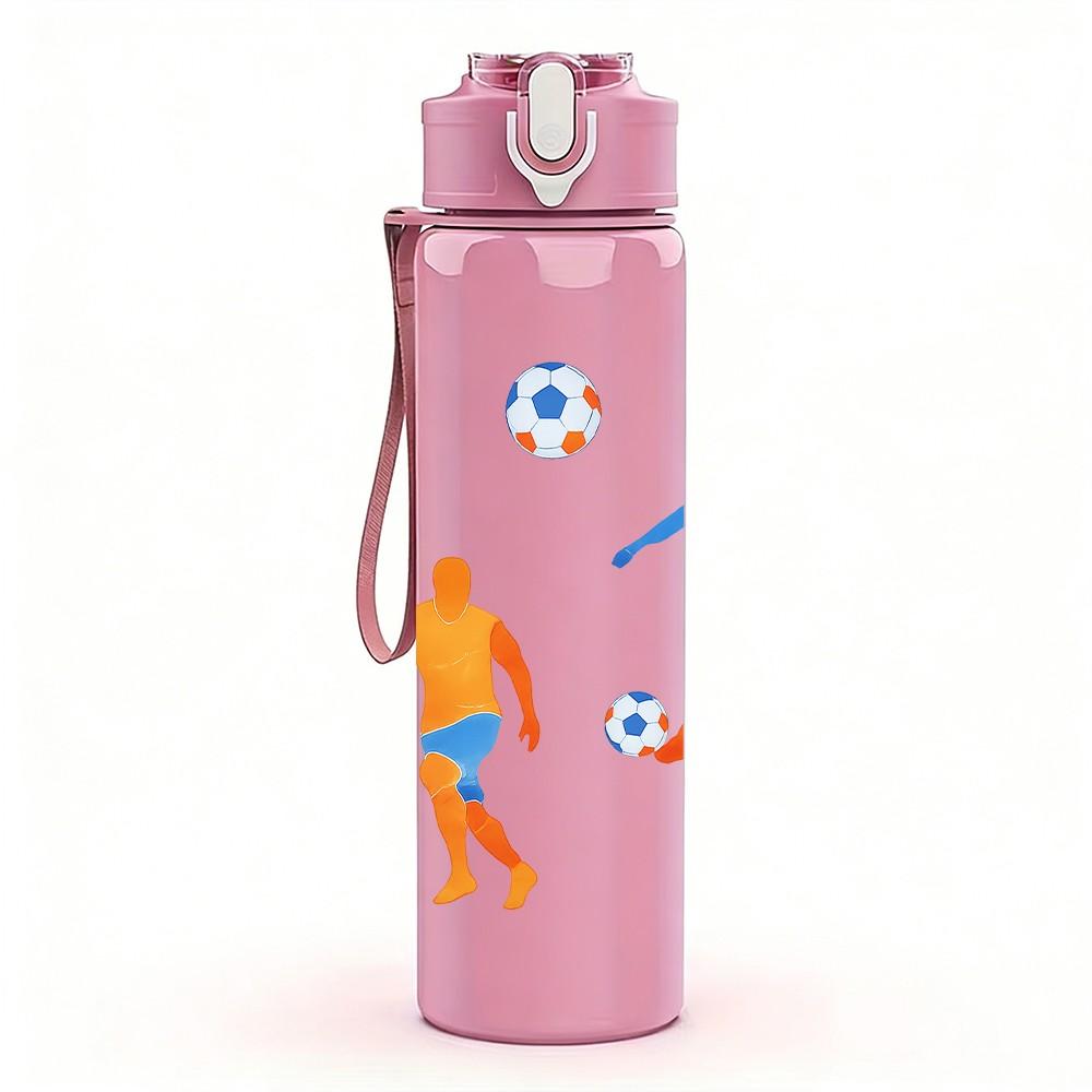 1 Stück Fußballspieler-Gruppen-Silhouette 750ml Farbe Kunststoff Sport-Wasserflasche Auslaufsicher Klappdeckel mit Strohhalm Geeignet für Sport, Büro, Heimgebrauch
