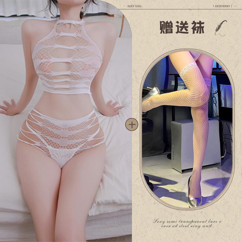 Sex underwear sexy perspective hollow tear large size hip wrap free net suit