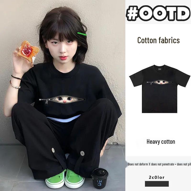 

Унисекс футболка на молнии с принтом кота - 260 г, короткий рукав, универсальный топ в стиле кэжуал Large