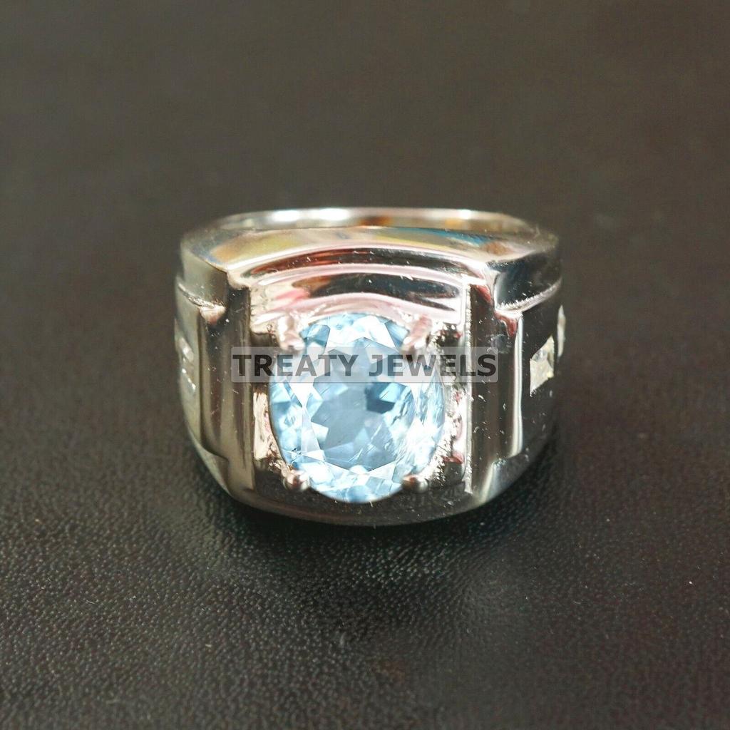 Aquamarine Oval Cut Gemstone With 925 Sterling Silver Ring For Men's #A738 JL375659044904