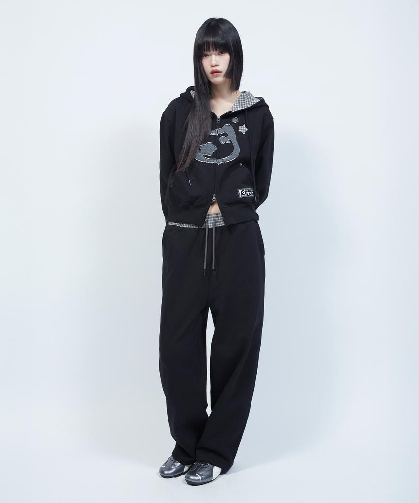 Lmr Cat Symbol Patchwork Crop Zip-Up Hoodie Black