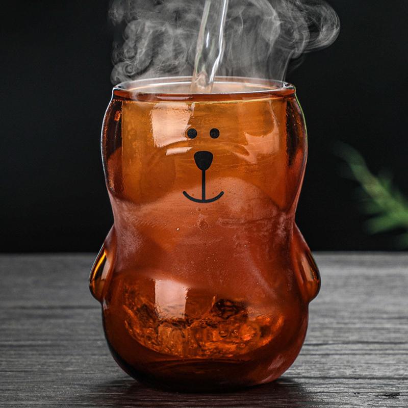 300ml Kreativer Bär Doppelbecher Personalisierte Kaffeetasse mit Deckel Transparente Glas Kaffeetasse Niedliche Cartoon Bernstein Bär Tassen