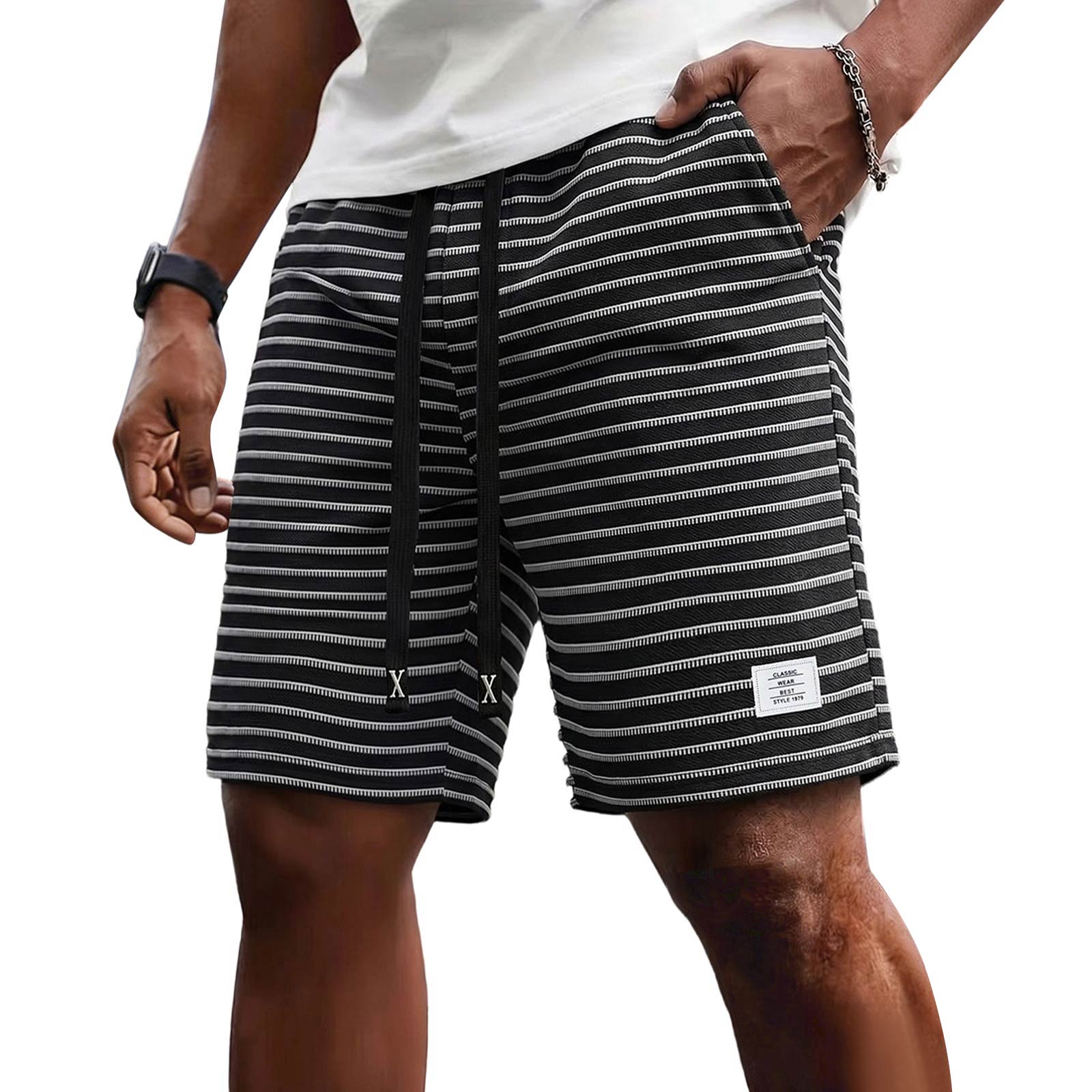 Men s Summer Retro Striped Athletic Casual Loose Fit Breathable Five Shorts with Letter Print Drawstring Waist Pocket Design S чёрный
