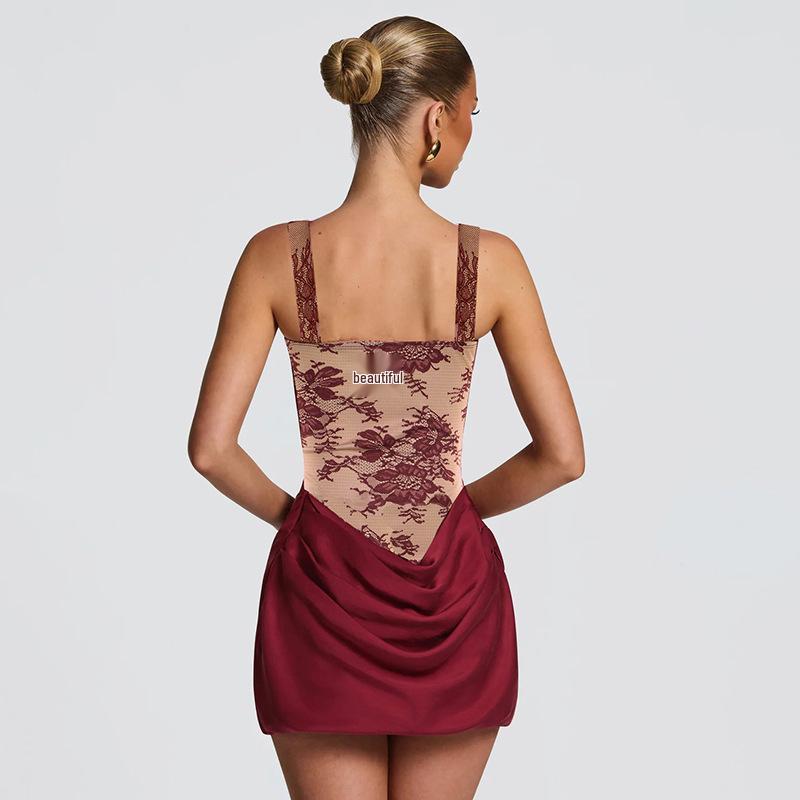 European Style Lace Patchwork Bodycon Dress - Strappy, Waist-Cinched Skirt
