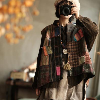 Women Vintage Winter Coats Patchwork Patch Color O-Neck Button Chinese Style Female Coats